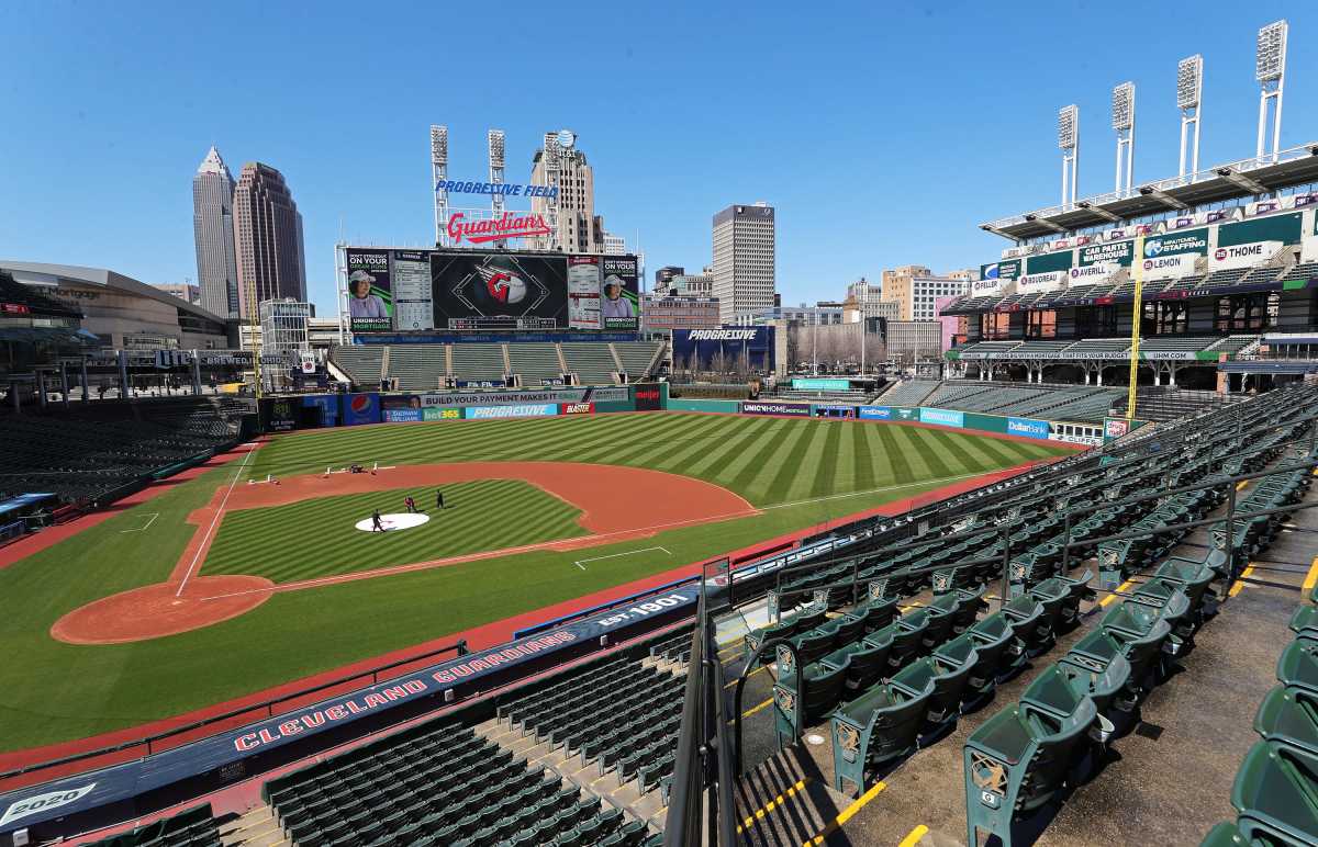 Members of the Cleveland Guardians take care of the field during the week before their 2023 home opener at Progressive Field, Thursday, March 30, 2023, in Cleveland, Ohio.